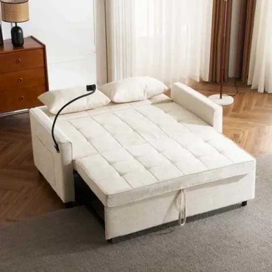 56.9"W Loveseat Sofa, Pull-Out Sleeper Sofa Bed with Adjustable Backrest, Side Pockets, Two USB Ports and A Phone Holder - ModernLuxe image {8}