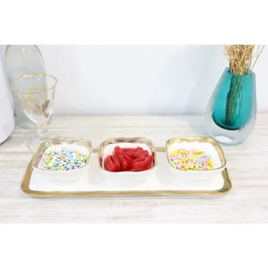 Classic Touch White Porcelain Relish Dish with 3 Square Bowls with Gold Trim image {1}