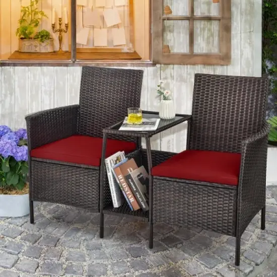Costway Patio Rattan Wicker Conversation Set Sofa Cushioned Loveseat Glass Table image {9}