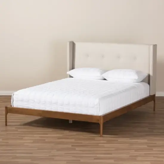 Brooklyn Mid Century Modern Walnut Wood Fabric Upholstered Platform Bed Beige - Baxton Studio image {8}