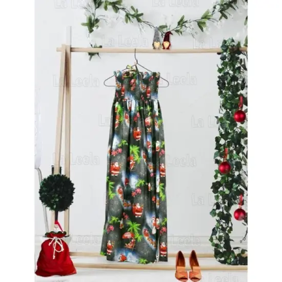 LA LEELA Women's A line Slit Smocked Maxi Casual Beach Dress Tube Top Evening Long Strapless Christmas Outfits for Women image {5}