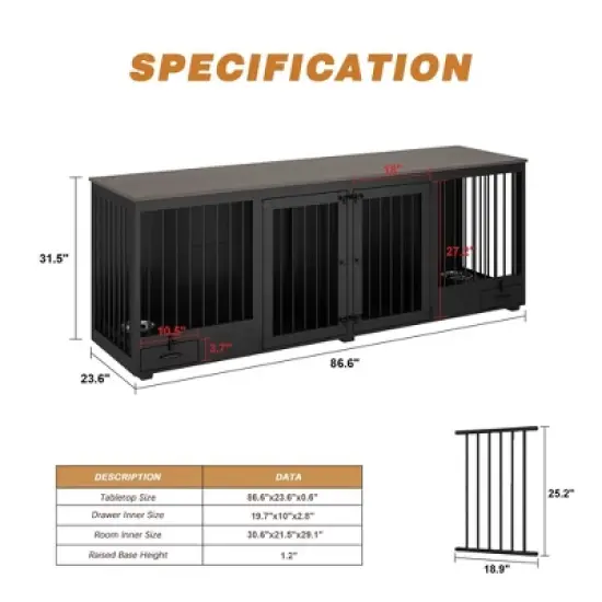 FUFU&GAGA 86.6" Dog Crate Furniture Wooden Dog Kennel with Room Divider and 2 Drawers image {7}