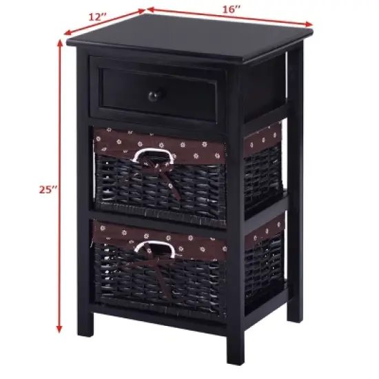 Costway Black Night Stand 3 Tiers 1 Drawer Bedside End Table Organizer Wood W/2 Baskets image {1}