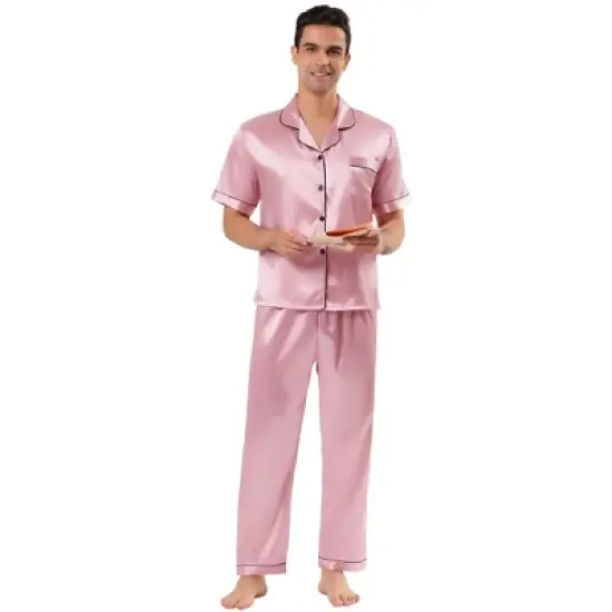 Lars Amadeus Men's Classic Satin Pajama Sets Short Sleeves Button Down Nightwear Sleepwears Loungewear Pjs image {7}