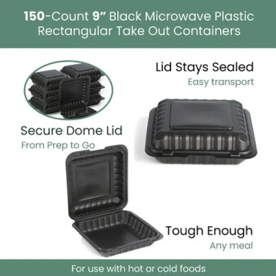 Northlight 150-Count Single Compartment Hinged Black Meal Prep/Take Out Containers - 9" image {6}