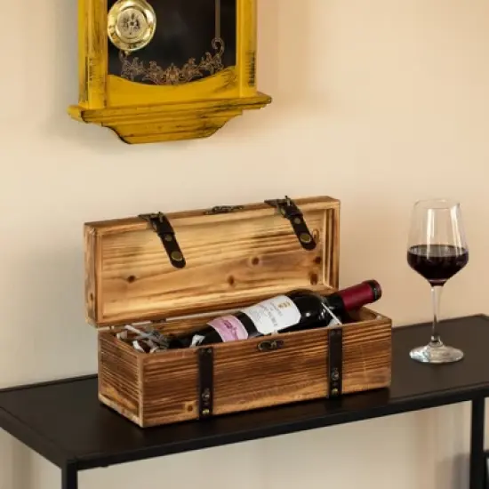 Vintiquewise Vintage Wooden Wine Gift Box &ndash; Rustic Single Bottle Holder with Locking Latch, Decorative Brass Accents, and Faux Leather Straps image {5}