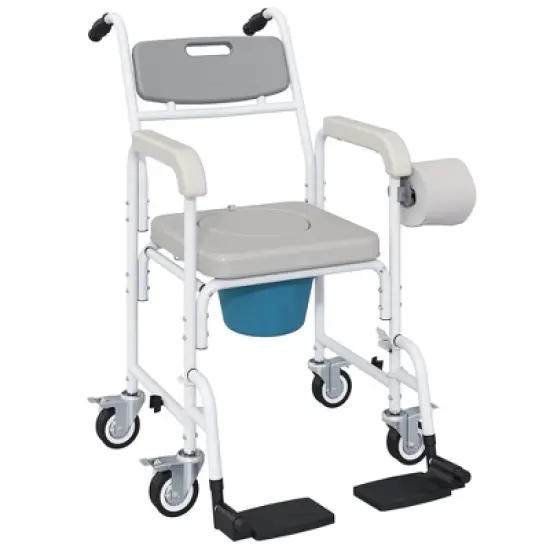 HOMCOM Shower Wheelchair, Commode Wheeled Chair with Seat, Backrest, Arms, Locking Wheels, for Seniors, Adults, Injured or Disabled, Gray image {6}