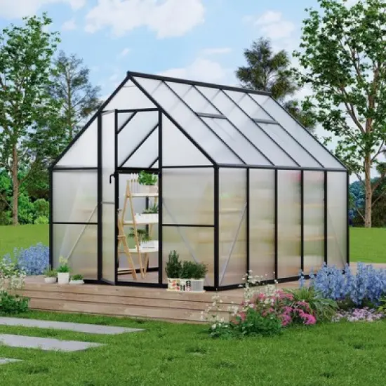 homfan Aluminum Polycarbonate Greenhouse w/ Roof Vent - Heavy Duty Quick Setup Walk-in Greenhouse for Outdoors, Black image {9}