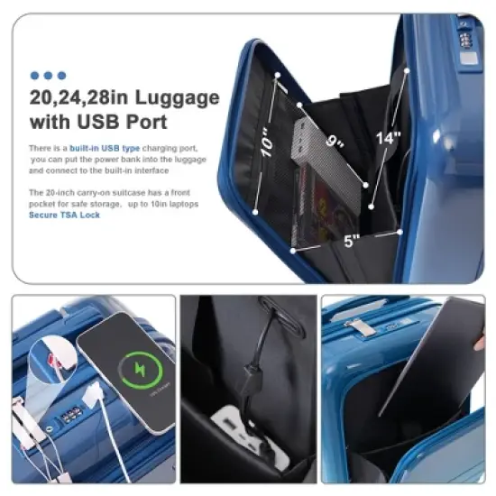 Wooakway 4-Piece Blue Luggage Set with 20, 24inch ABS+PC Hard Shell USB Port Front Opening Expandable Travel Bag image {4}