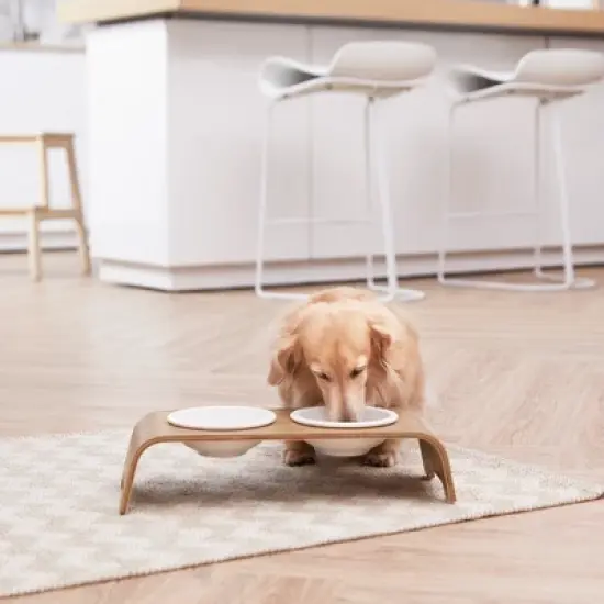 Teamson Pets Billie 4.5 Inch Tall Elevated Ash Wood Pet Food and Water Feeder Stand with Non-Slip Grips and Ceramic Dishwasher Safe Bowls, Brown image {1}
