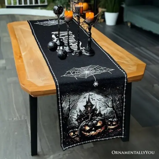 Haunted Horrors 72" Table Runner, Jacquard Halloween Home Black Tablecloth Decoration with Pumpkins and Spiderwebs| OrnamentallyYou image {2}