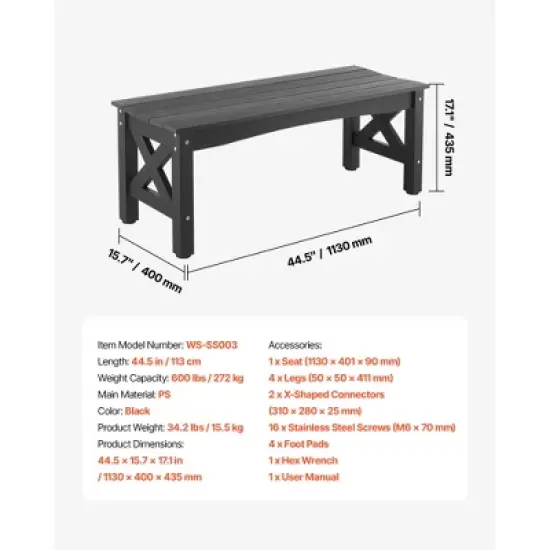VEVOR Outdoor Bench, 44.5 inch, 600 lbs Weight Capacity, Weatherproof Plastic Frame with Adjustable Level Footpads and Thick Leg, Black image {7}