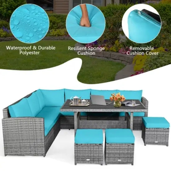 Tangkula 7PCS Rattan Patio Sectional Sofa Set Conversation Set w/ Turquoise Cushions image {5}