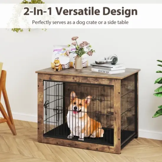 Costway 33&rdquo; Dog Kennel w/ Chew-Resistant Metal Frame & Soft Mat Double Doors Dog Crate End Table image {4}
