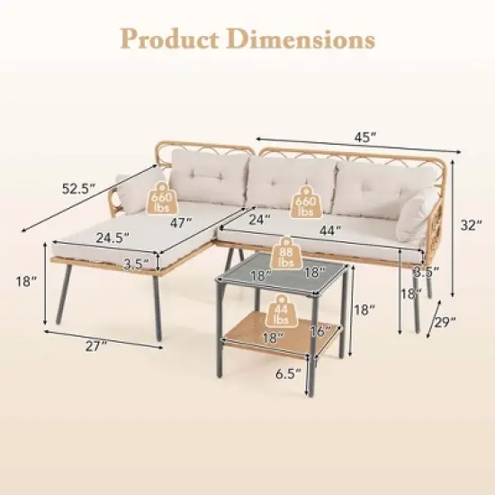 Costway 3 PCS Corner Patio Furniture Cushioned Sofa Set with Small Coffee Table Outdoor image {2}