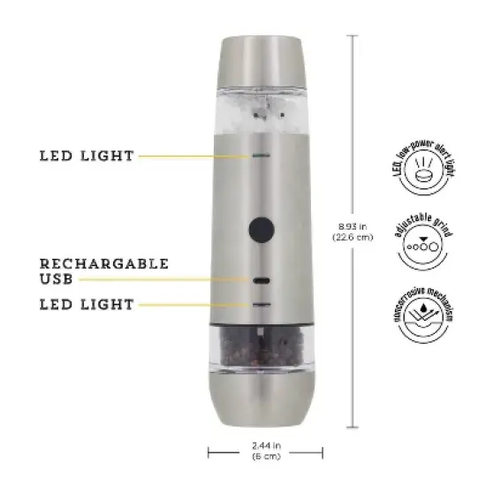 Kamenstein USB Rechargeable Dual Salt and Pepper Grinder: Stainless Steel Seasoning Shakers, Silver, 8.93" Height image {5}