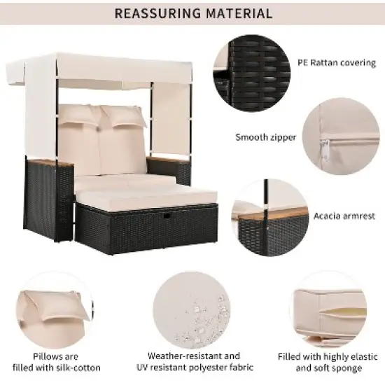 2-Piece Outdoor Rattan Daybed with 5 Positions, Canopy, Bench, and Cushions for Poolside, Backyard & Garden image {7}