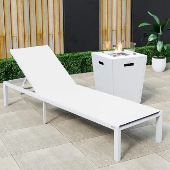 LeisureMod Marlin Modern Outdoor Patio Chaise Lounge Chair in White Aluminum Frame with Square Fire Pit Side Table image {22}