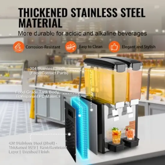 VEVOR Commercial Beverage Dispenser, 2 Tanks 10 L / 10.6 QT Per Tank Juice Dispenser, 270W Stainless Steel Ice Tea Drink Machine image {4}