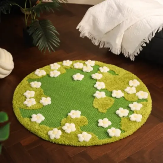 Fairyland&trade; - Floral Cat Garden Sisal Rug &ndash; Round Green Non-Slip Pet & Home Mat with 3D Flowers, Soft Teddy Velvet Accents image {1}