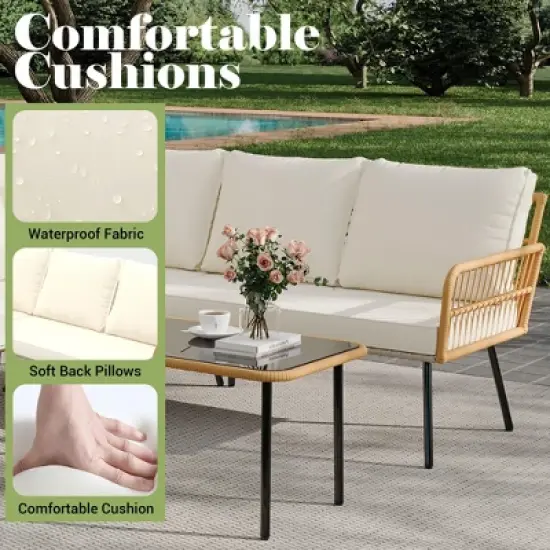 4-Piece Outdoor Wicker L-Shaped Patio Sofa Set with Cushions & Glass Coffee Table, Boho Sectional Set for Backyard, Garden, or Poolside &uml;C Beige image {6}