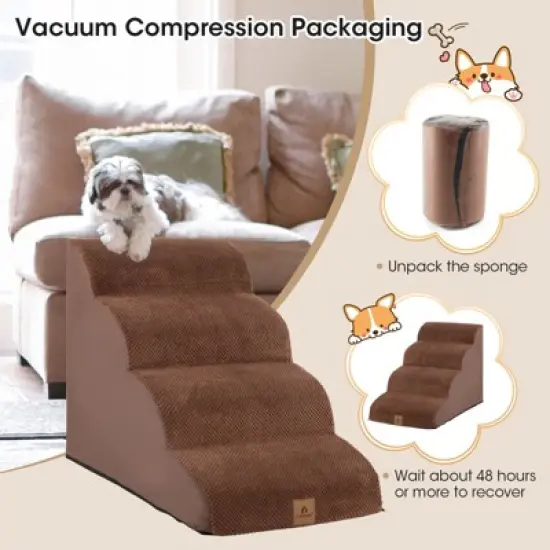 4 Tiers Foam Dog Ramps/Steps Non-Slip Dog Steps for Beds Or Couches with Brush Coffee/Gry image {6}
