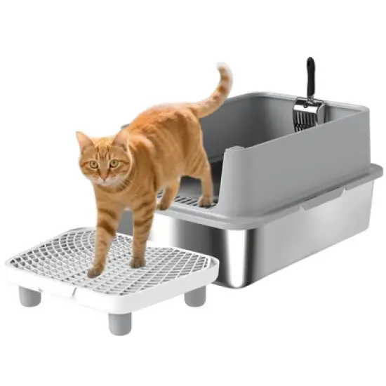 PawHut Extra Large Stainless Steel Cat Litter Box High Sided, Anti-Urine Leakage, Easy Cleaning, Non-Sticky,  Never Absorbs Odors, Include Scoop & Pad image {6}