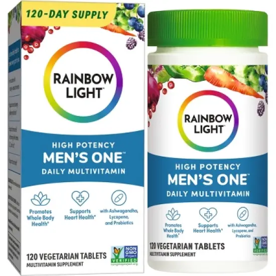 Rainbow Light Mens One High Potency Multivitamin, Promotes Whole Body Health, Supports Heart Health, Vegetarian, Gluten Free, Non-GMO,120 Tablets* image {6}
