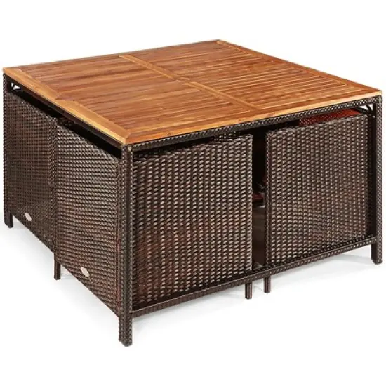 Costway 9PCS  Acacia Wood Patio Rattan Dining Set Cushioned Chairs Ottoman image {9}