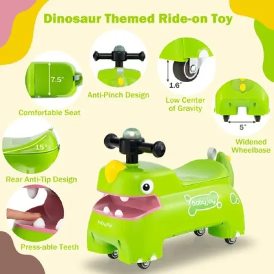 Babyjoy Ride on Toy Baby Dinosaur Sliding Car with4 Universal Casters Under-Seat Storage Green/Pink/White/Yellow image {3}