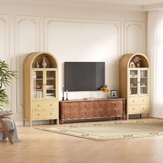 Arched Pantry Cabinet, 71" Tall Freestanding Food Storage Cabinet with 2 Large Drawers, Versatile Cupboard for Dining Room, Natural image {6}