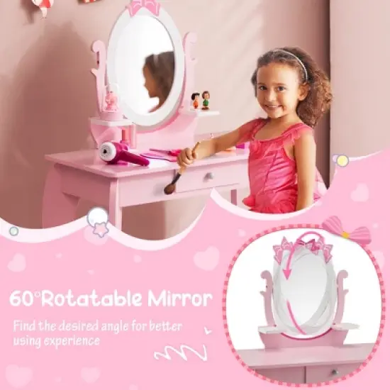 Costway Kid Vanity Table Stool Set with Adjustable Mirror Storage Drawer Makeup Pink image {5}