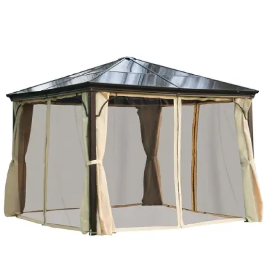 Outsunny 10x12 Polycarbonate Hardtop Gazebo, Gazebo Canopy with Aluminum Frame, Curtains and Netting for Garden, Patio, Backyard, Beige image {7}