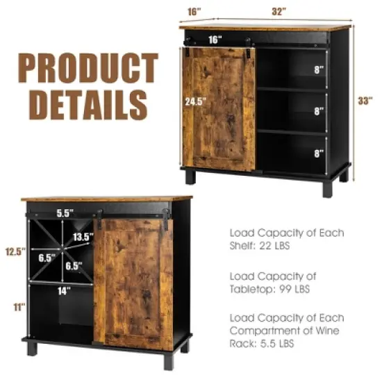 Costway Kitchen Buffet Storage Cabinet Sideboard w/Sliding Barn Door Wine Rack image {3}