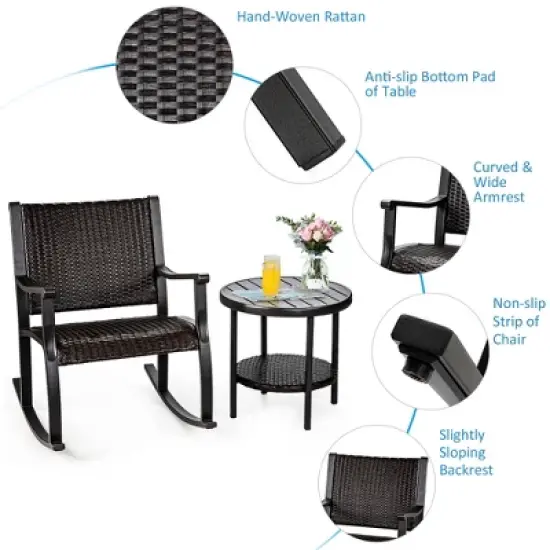 Costway 3PCS Patio Rattan Rocking Chair Bistro Set Coffee Table Storage Shelf image {7}