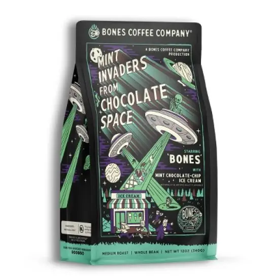 Bones Coffee Company Mint Invaders Whole Coffee Beans Mint Chocolate Flavor 12 oz Medium Roast (Whole Bean) image {4}