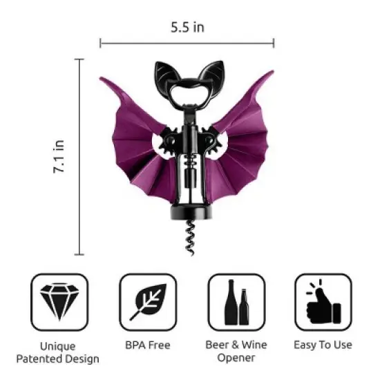 Ototo Vino Bat Corkscrew and Bottle Opener Stainless Steel and Silicone Bar Tool Black/Purple image {4}