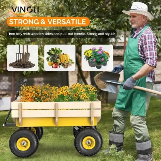 VINGLI Wagon Cart, Steel Frame and Wood Coated Railing, 330lbs All Terrain Wagon 9.2in Solid Tires for Kids Garden and Outdoor (Yellow) image {3}