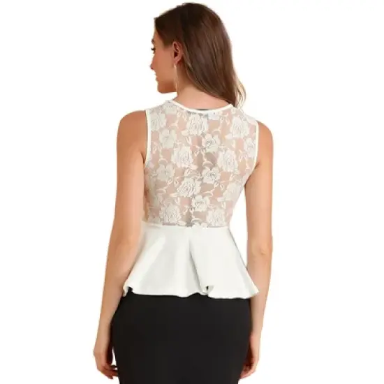 Allegra K Women's Floral Mesh Lace Panel Round Neck Sleeveless Peplum Blouses image {7}