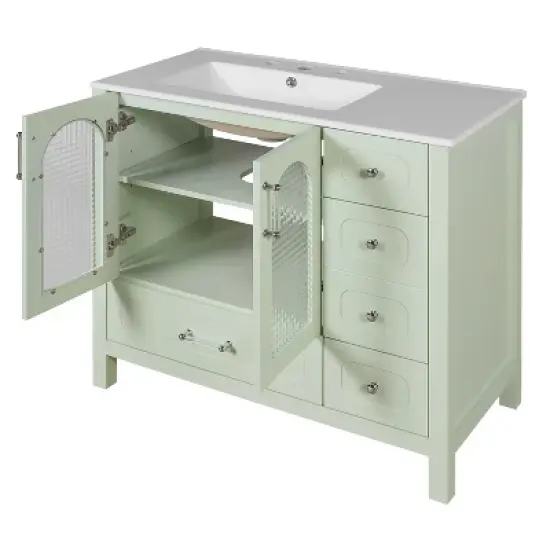 ModernLuxe 36'' Green Bathroom Vanity with Waffle Texture Glass Doors, 4 Drawers & Soft-Closing Doors, Freestanding Bathroom Storage image {9}