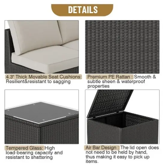 Garvee Outdoor Patio Furniture Set, 8 Piece Patio Rattan Sectional Couch Set,Wicker Patio Conversation Sets with with Storage Box & Glass Top Table image {6}