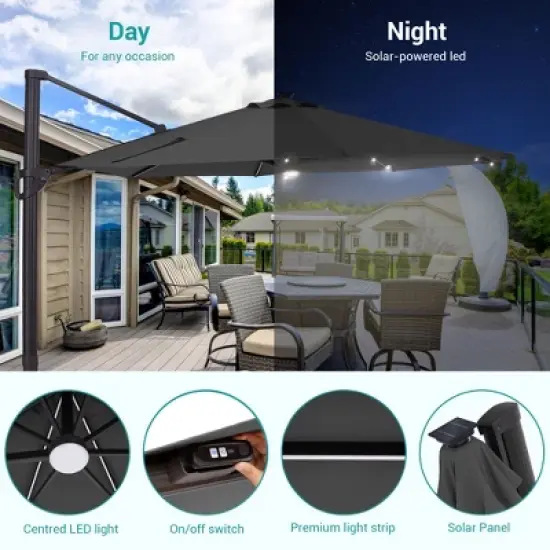 Sonkuki Outdoor 11Ft Aluminum LED Cantilever Patio Umbrella with Base for Patio Deck Garden image {5}