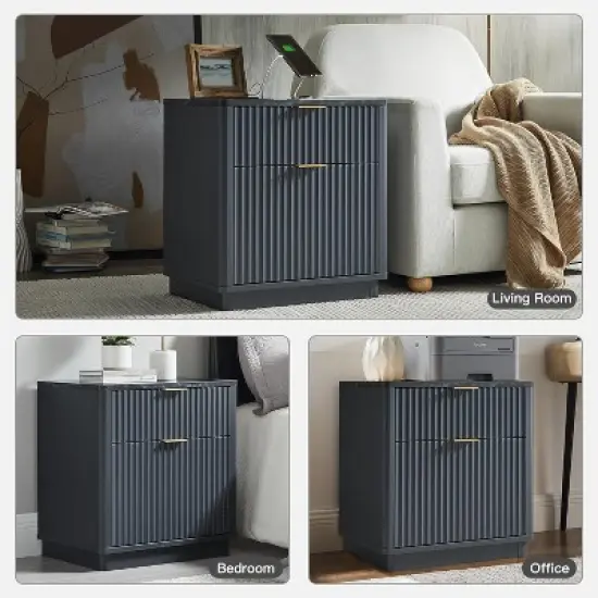 SinCiDo Modern 23" Fluted Nightstands Set of 2 with Charging Station, 2 Storage Drawers Bedside Tables for Bedroom, Living Room image {6}