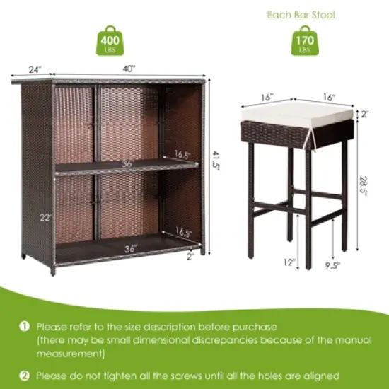 Tangkula 3PCS Patio Wicker Rattan Bar Set Table w/2 White Cushioned Stools image {9}