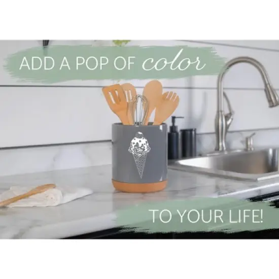 Elanze Designs 8 inch Ice Cream Waffle Cone Large Ceramic Kitchen Utensil Holder Gray and White Crock with Cork Base image {4}