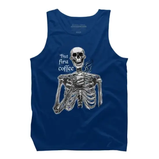 Men's Design By Humans Halloween skeleton drinking coffee. But first coffee By melazergDesign Tank Top image {6}