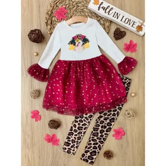 Girls Sparkle Turkey Tulle Tunic & Leopard Legging Set - Mia Belle Girls image {4}