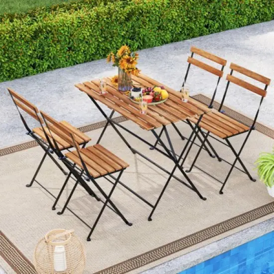 Tangkula 5 PCS Patio Acacia Wood Dining Set w/ 4 Folding Chairs Slatted Seat & Tabletop image {2}
