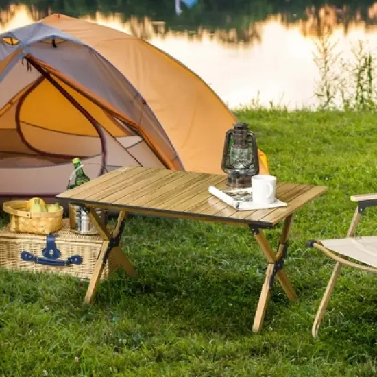 Outsunny Outdoor Portable Table with Collapsing Roll-Up Top, Folding Camping Table, Waterproof Finish, Picnic & Tailgate Table for Beach image {2}