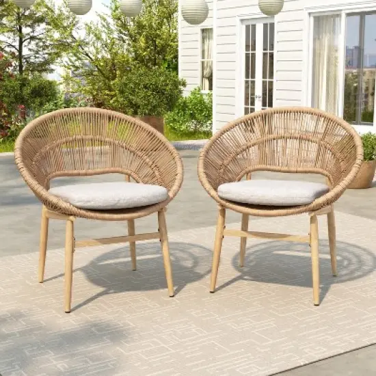 Christopher Knight Home Cliff Papasan-Style Rattan & Iron Patio Dining Chair with Faux Wood Finish (Set of 2) image {9}